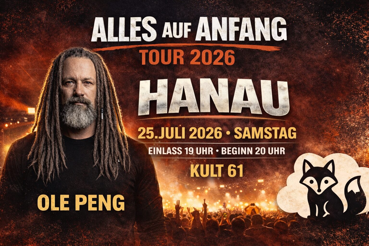Tour-Banner der Alles-Auf-Anfang-Tour 2026 der Band Wolken Kino. Nächster Termin: Hanau, Samstag, 25. Juli 2026, im Kult 61, Einlass 19 Uhr, Beginn 20 Uhr. Mit Special Guest Ole Peng