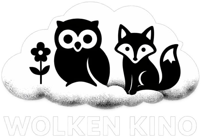 Das Logo der deutschsprachigen Pop-Rock-Band Wolken Kino zeigt einen Fuchs, eine Eule und eine Blume, die zusammen auf einer Wolke sitzen. Das Logo ist handgezeichnet und ist in einem monochromen schwarz-weißen Farbschema gehalten.