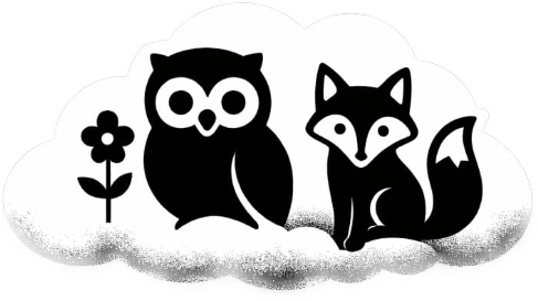 Das Logo der deutschsprachigen Pop-Rock-Band Wolken Kino zeigt einen Fuchs, eine Eule und eine Blume, die zusammen auf einer Wolke sitzen. Das Logo ist handgezeichnet und ist in einem monochromen schwarz-weißen Farbschema gehalten.